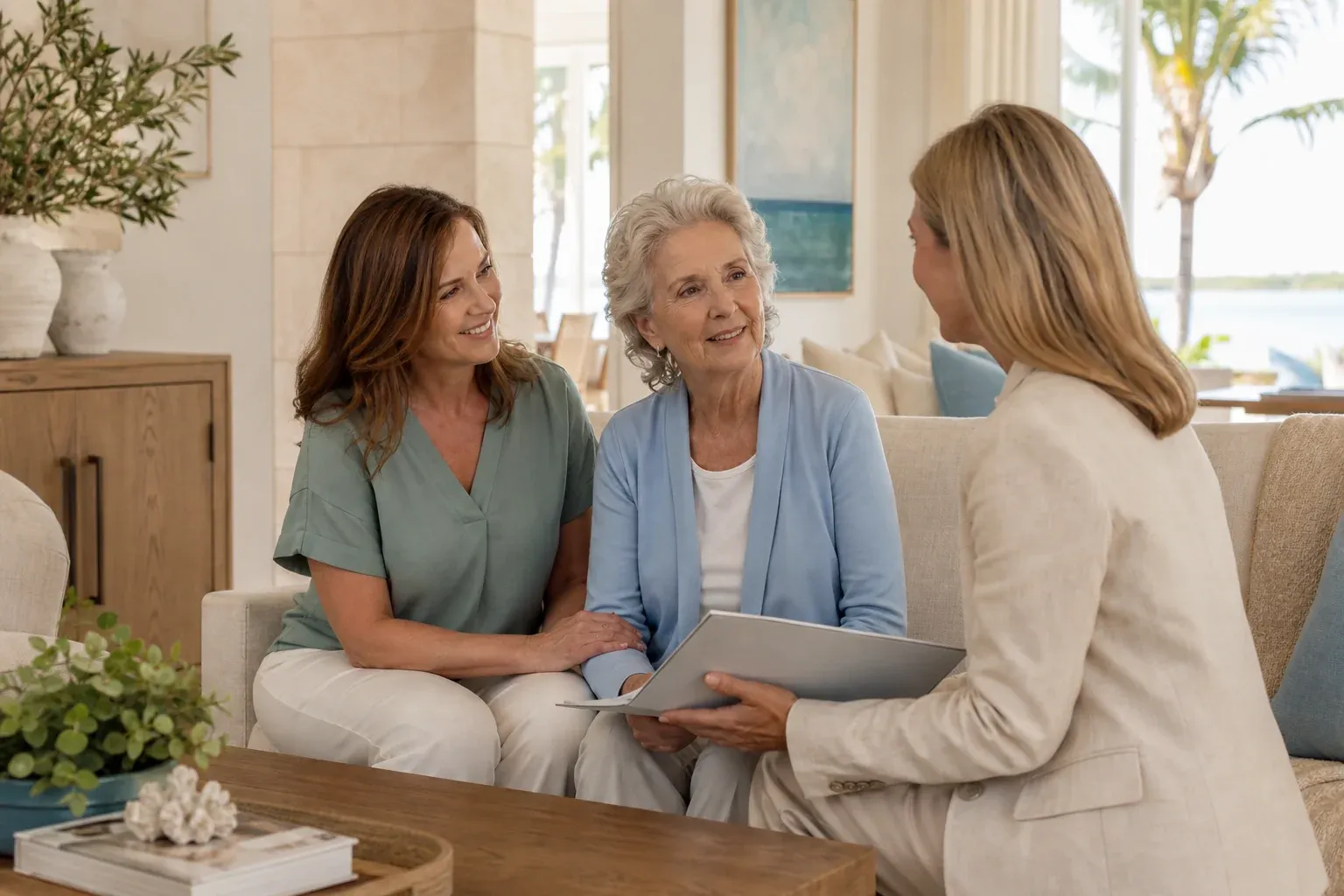 An older woman and her adult daughter having a calm conversation with a senior living advisor in a bright home